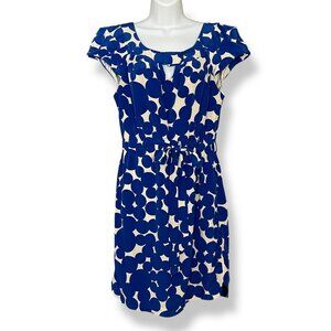 Yoana Baraschi Dress Dotted Women Size 10 Blue Cream Cut-Out Neckline Tie‎ Belt